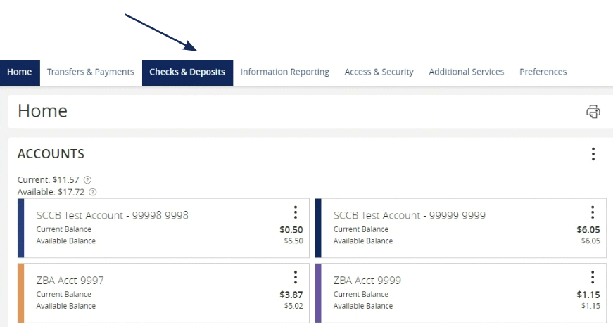 Screenshot of online banking app highlighting the link for Checks &  Deposits