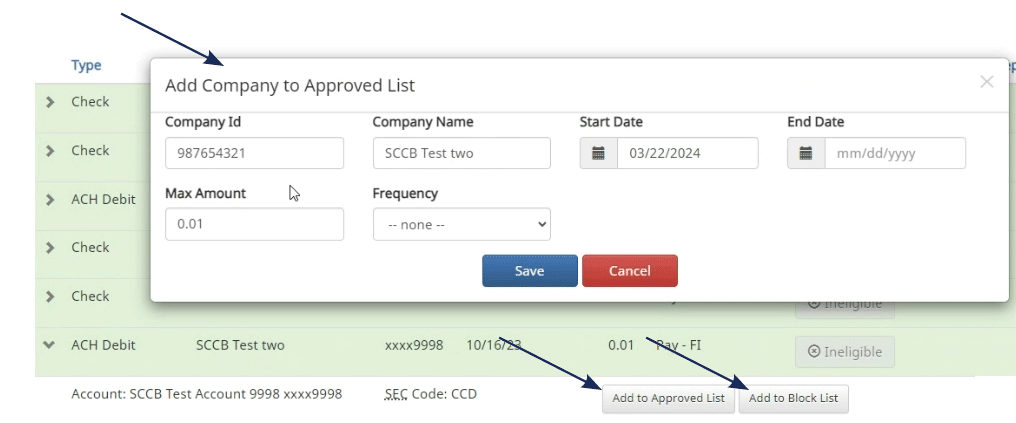 Screenshot of a banking application's transaction list with a pop-up window for adding a company to an approved list, indicated by an arrow.
