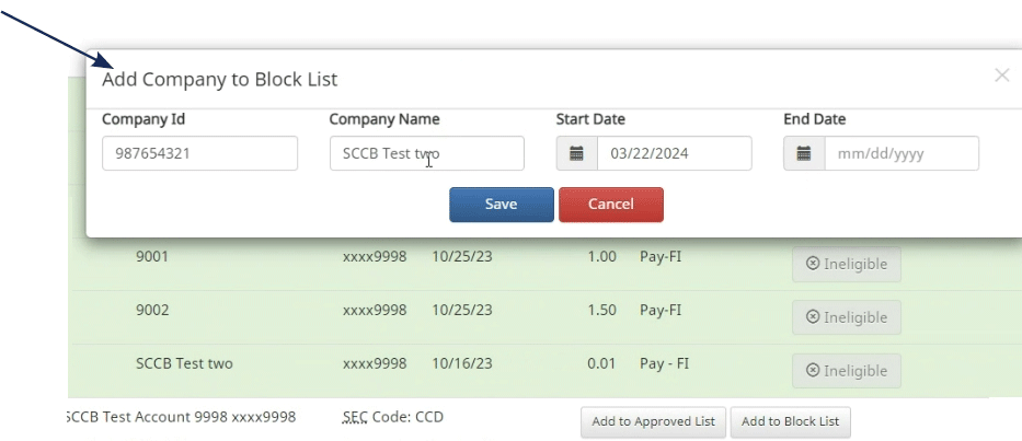 Screenshot of a banking application's transaction list with a pop-up window for adding a company to a Block List, indicated by an arrow.