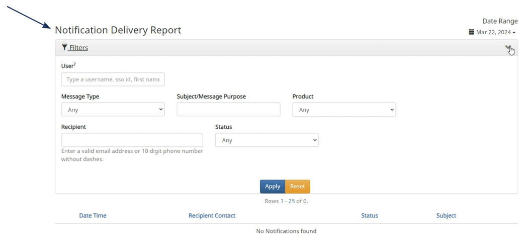 Screenshot of the 'Audit Report' section in a banking application, with an arrow pointing to the Notification and Delivery Report