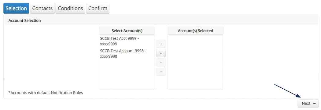 Screenshot of an account selection interface in a banking application with a step indicator at the top and an arrow pointing to the 'Next' button.