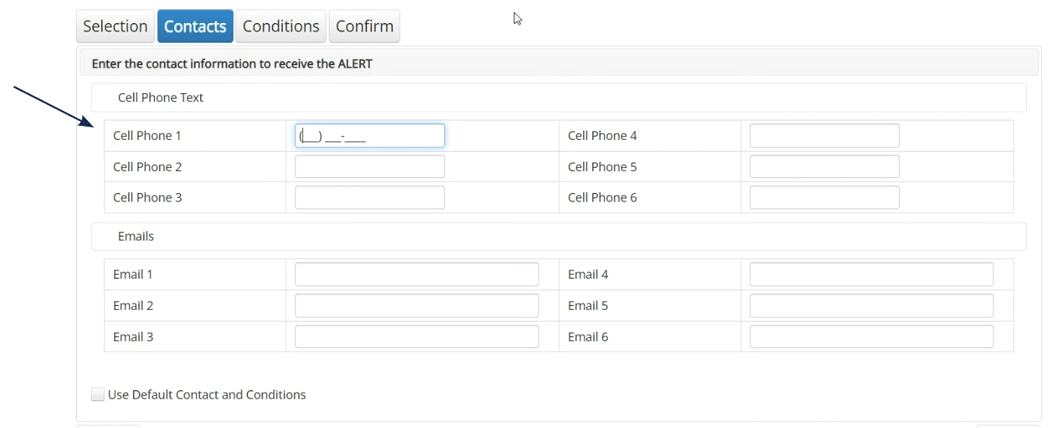 Screenshot of the 'Contacts' section in a banking application alert setup, with an arrow pointing to the 'Cell Phone Text' input field.