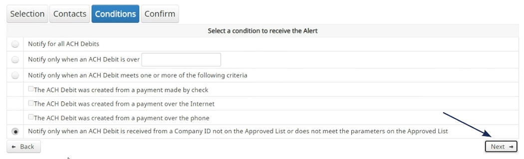 Screenshot of a banking application's alert setup page under 'Conditions', with an arrow pointing to the 'Next' button.