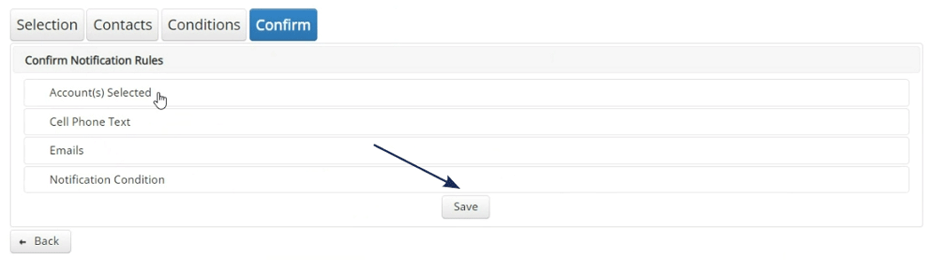 Screenshot of the 'Confirm' step in a banking application's notification rule setup, with an arrow pointing to the 'Save' button.