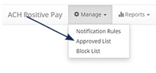 Screenshot of a banking application dropdown menu with 'Approved List' highlighted by an arrow.