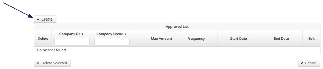 Screenshot of the 'Approved List' interface in a banking application with an arrow pointing to the 'Create' button for new entries.