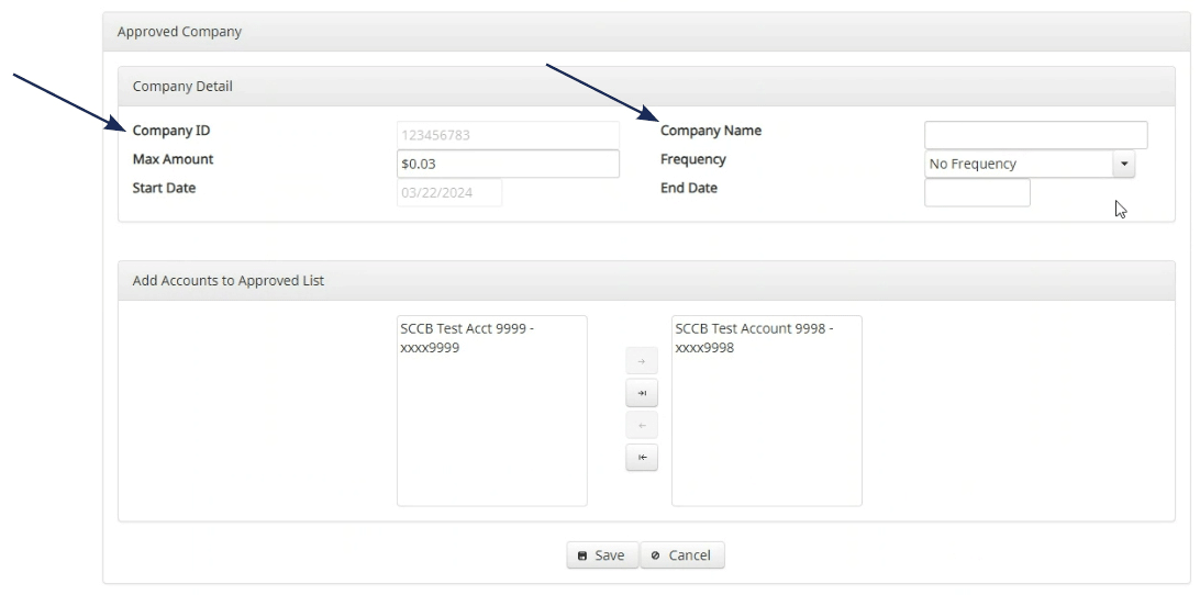 Screenshot of the 'Approved Company' details interface in a banking application with arrows indicating fields for 'Company ID' and 'Company Name'.