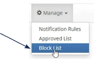 Screenshot of a banking application dropdown menu with an arrow pointing to the 'Block List' option.