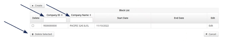 Screenshot of a banking application's 'Block List' management interface with arrows pointing to the 'Create' button and a checkbox next to a listed company for selection.