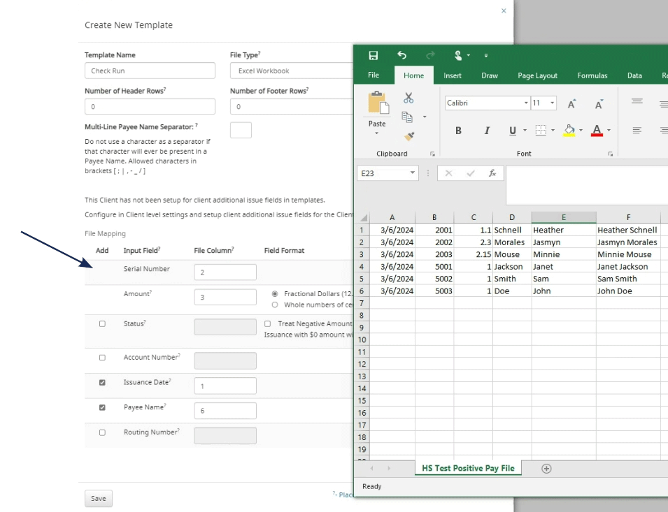 Screenshot of a banking application's template creation interface with an Excel spreadsheet preview alongside, and an arrow pointing to the 'Add' button under the 'File Mapping' section.