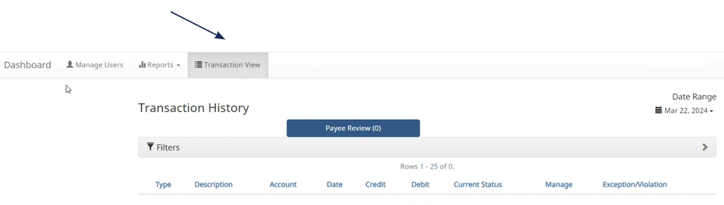 Screenshot of an online banking application displaying the 'Transaction History' section with an arrow pointing to the 'Transaction View' tab.