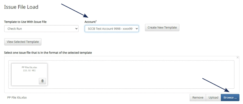 Screenshot of the 'Issue File Load' page in a banking application, showing a selected file for upload with arrows pointing to the account dropdown menu and the 'Browse' button.