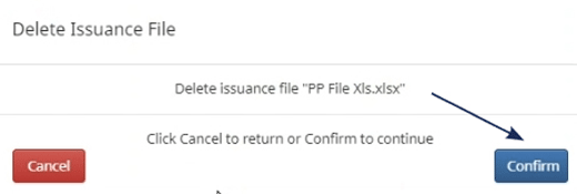 Screenshot of a confirmation dialog for deleting an issuance file in a banking application, with an arrow pointing to the 'Confirm' button.