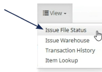 Screenshot of a banking application dropdown menu with an arrow pointing to the 'Issue File Status' option.