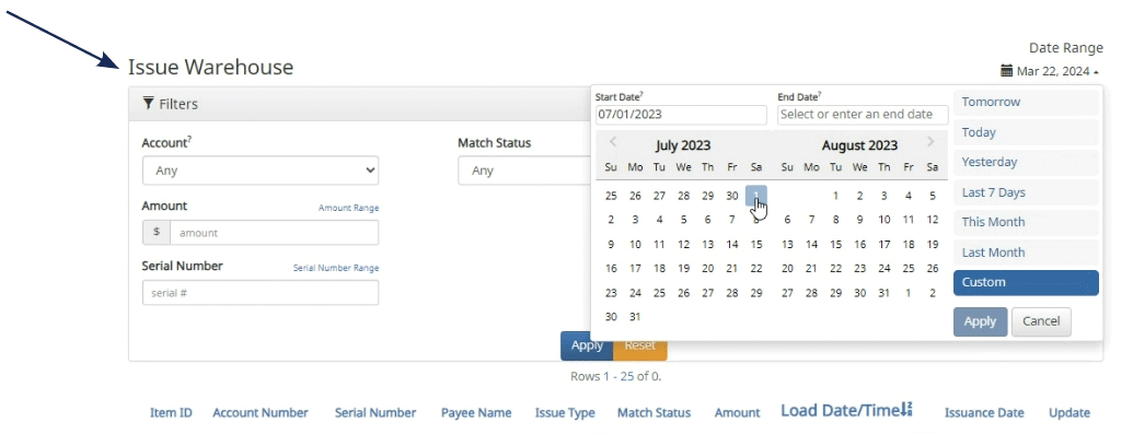 Screenshot of the 'Issue Warehouse' page in a banking application, showing filter options and a date range picker, with an arrow pointing to the filter toggle.