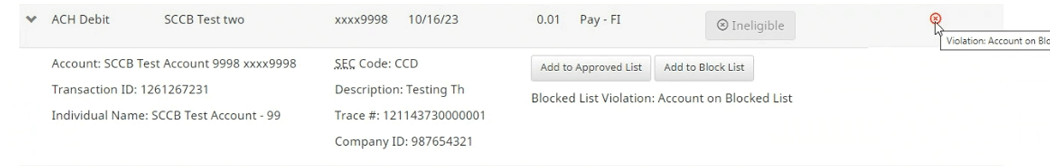 Screenshot from a banking application showing the details of an ACH debit transaction with a violation indicator for being on the blocked list.