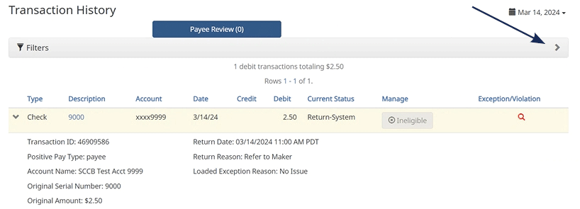 Screenshot of a banking application showing an expanded view of a single returned check transaction with an arrow pointing to link for Return Reason