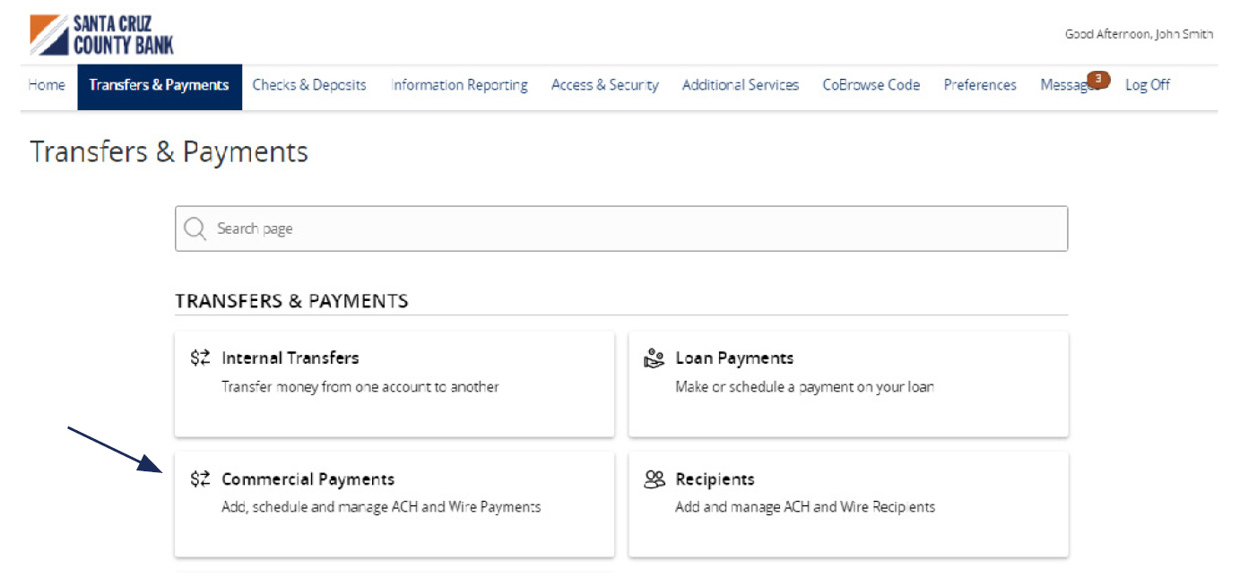 Image of the Transfers and Payments menu showing where to locate Commercial Payments.