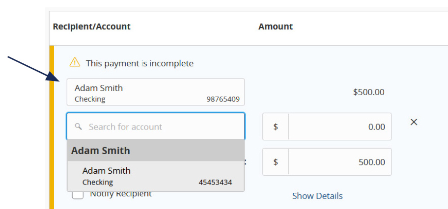 Image of Recipient/Account and where to select the recipientâ€™s secondary account from a drop-down list of accounts, that includes a field to insert a desired $ amount.