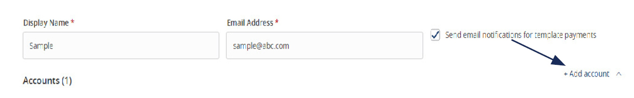 Image of the Where to locate Add Account, next to the fields Display Name and Email Address, which are required fields.