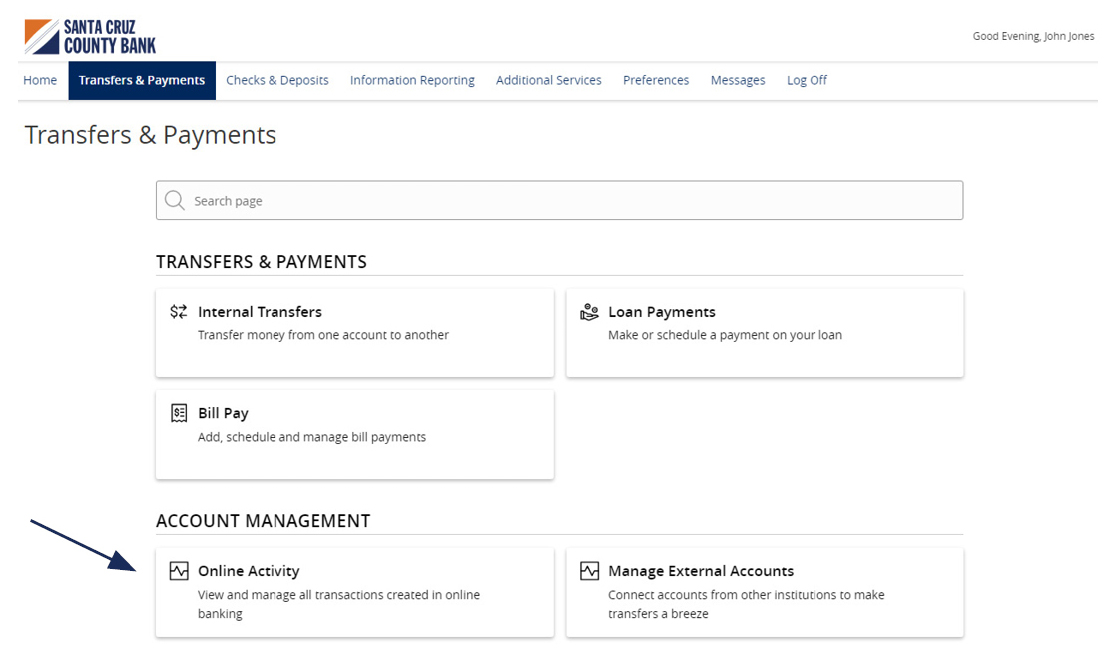 Image of the Transfers and Payments menu showing where to locate Online Activity, which is under the heading Account Management.