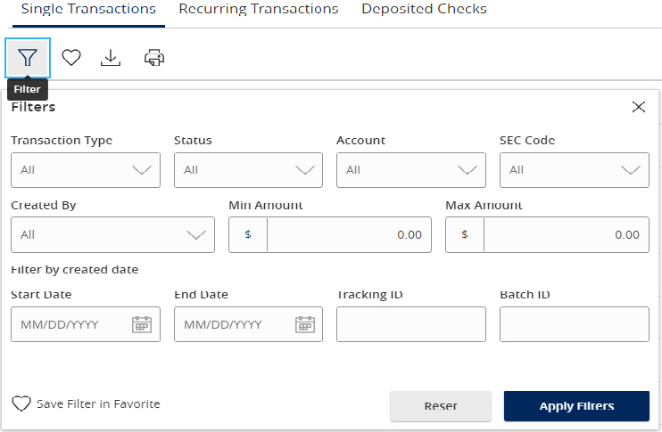 Image of Single Transactions, showing Filters and the fields accessible with the window, which include: Transaction Type dropdown menu, Status dropdown menu, Account dropdown menu, SEC Code dropdown menu, Created By dropdown menu, Min $ Amount, Max $ Amount, Start Date with calendar icon, End Date with Calendar icon, Tracking ID and Batch ID.