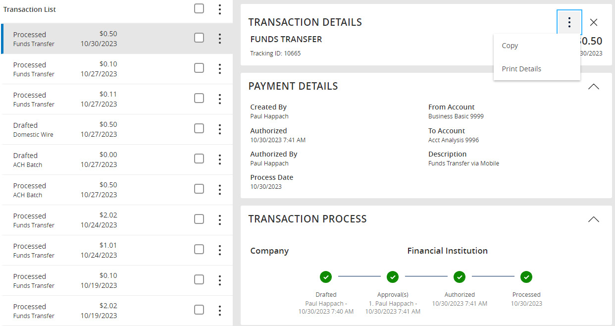 Image of the results of a Transaction List, showing where to select the Actions icon at the top right.