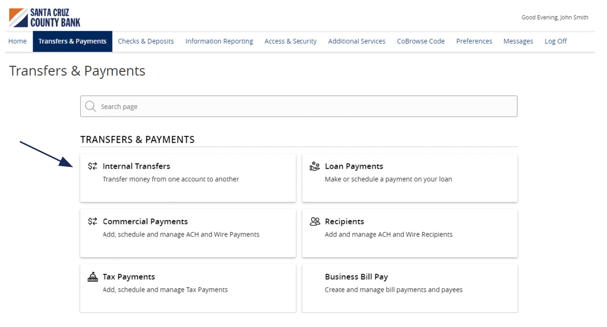 Image of Transactions and Payment showing where to locate Internal Transfers.