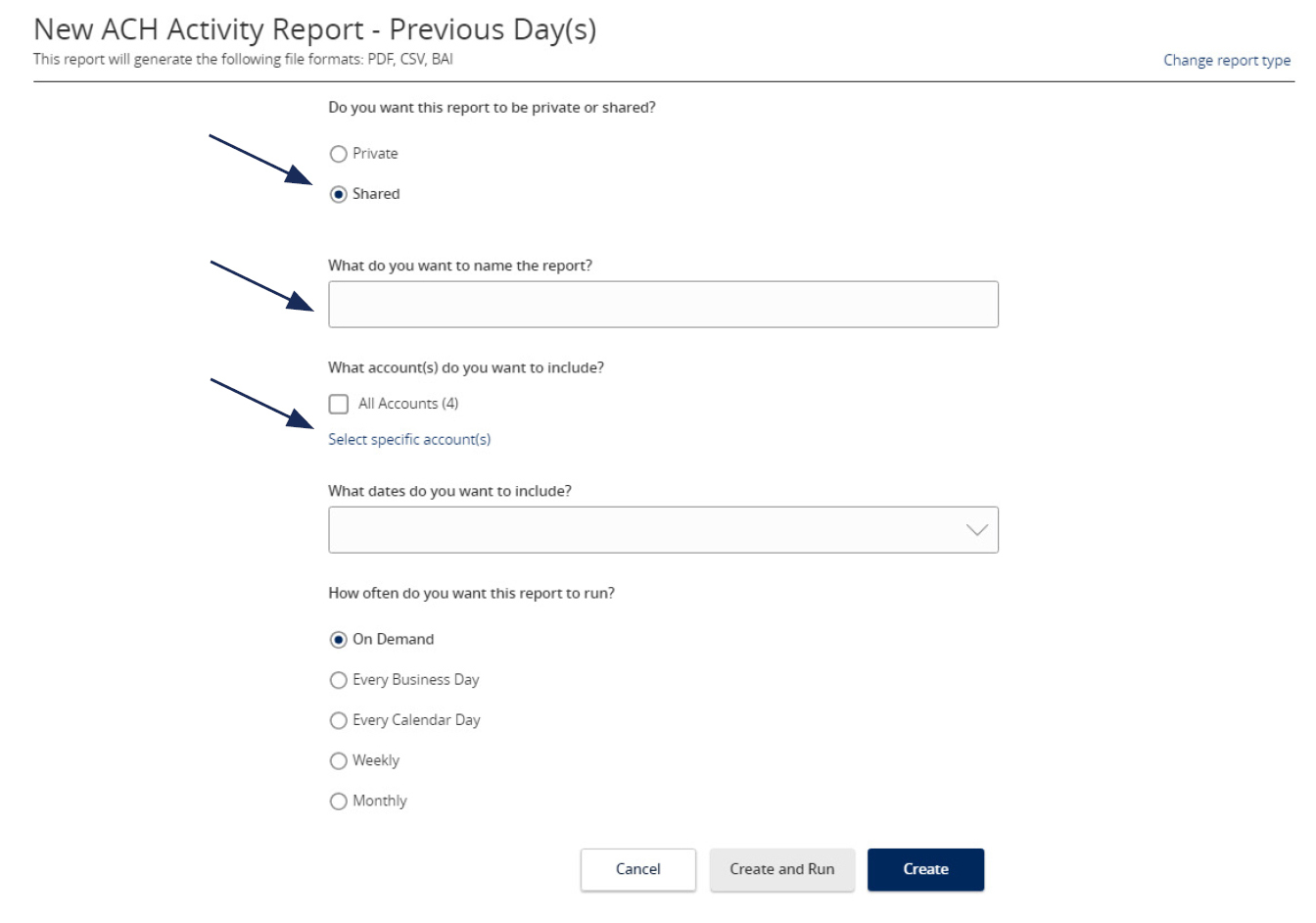 ACH Activity Report, Previous Days and where to locate Shared, where to enter the desired name, and where to denote which accounts need to be included in the report.
