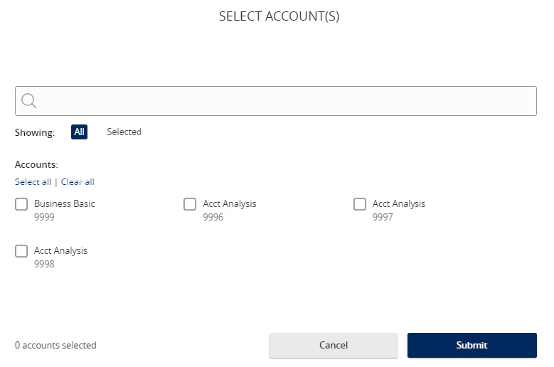 Select Accounts content shows all your accounts and you can select by label or individual accounts.