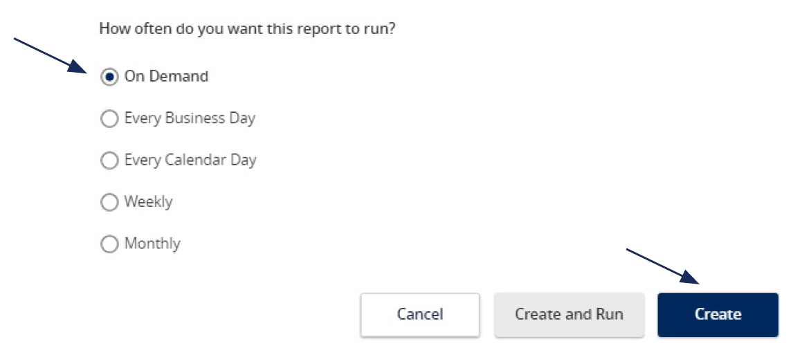 Select how often you want the report to run: On Demand, Every Business Day, Every Calendar Day, Weekly and Monthly.