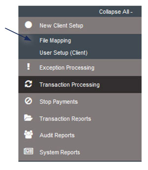 Image of menu with New Client Setup selected and showing where to then select File Mapping.
