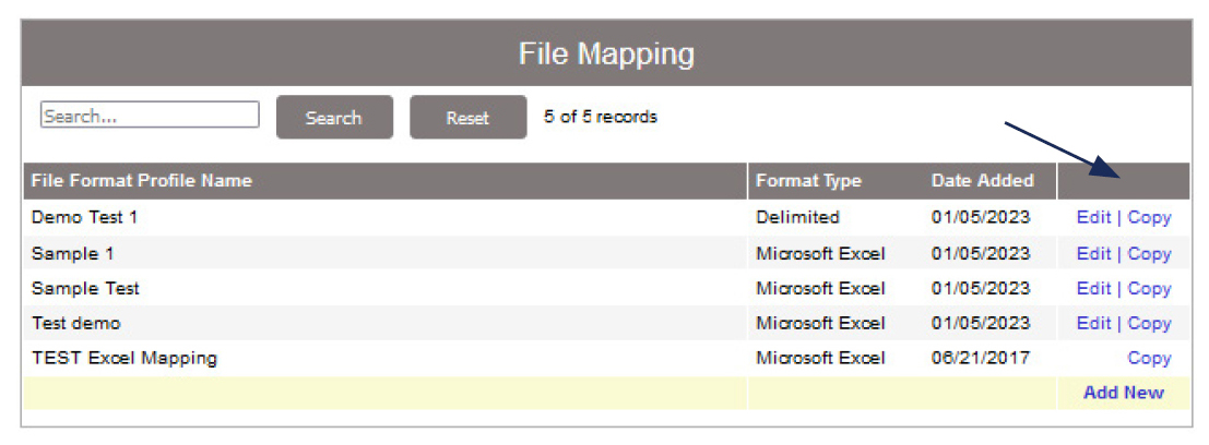 Image of File Mapping showing where to select Edit to modify and existing mapping, where to select Copy to create a new file mapping from an existing one, and where to select Add New to create a new file mapping from scratch.