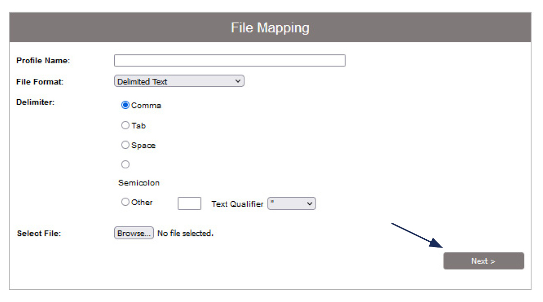 Image of File Mapping showing where to add a Profile Name, where to select a File Format from a drop down menu, where to select delimiter if needed, and where to select Browse to upload a file.