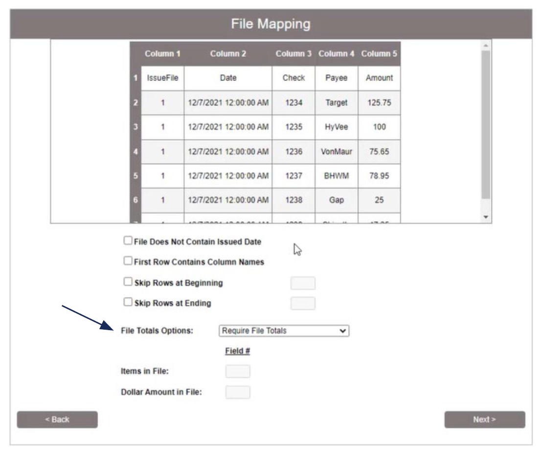 Image of File Mapping showing where to locate the File Totals Options.