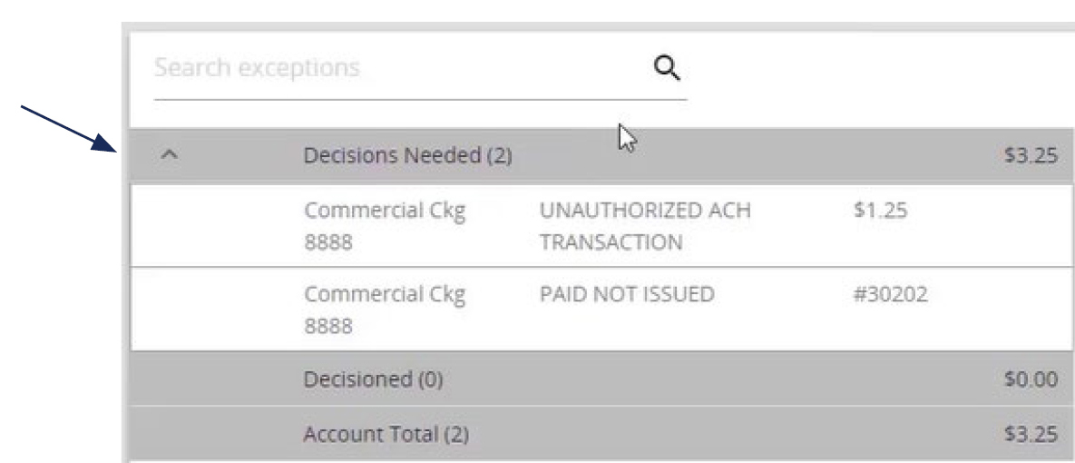 Image of Decisions Needed category showing where to select a transaction.