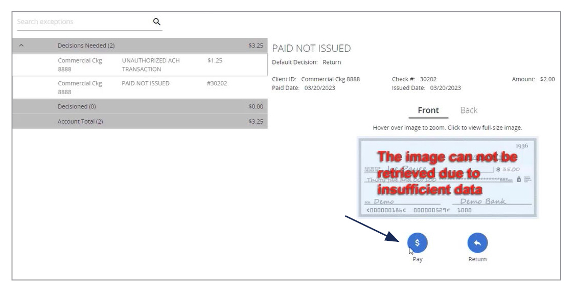 Image of Decisions Needed with a transaction selected, showing where to locate the Pay option.