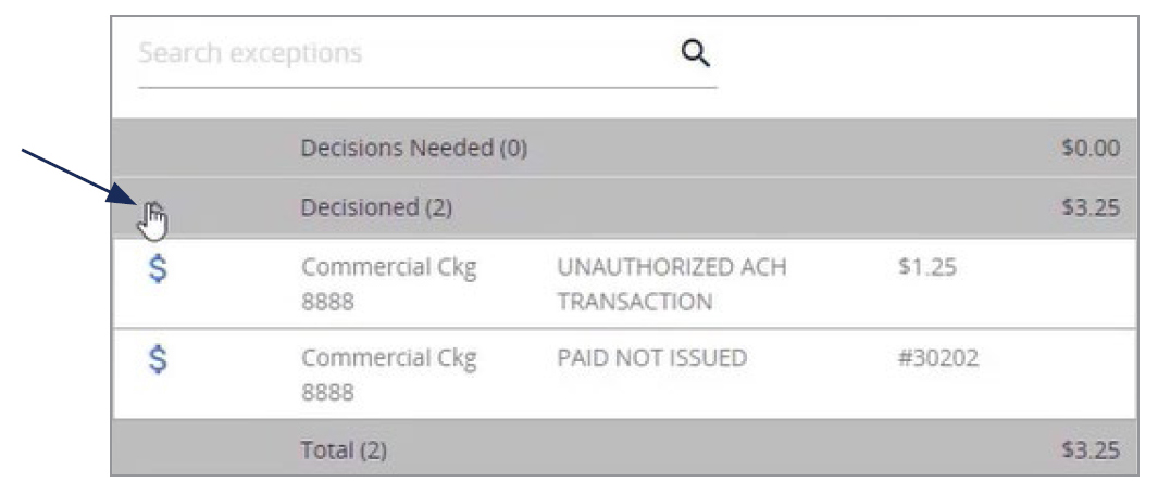 Image of Decisioned section showing where to find list of transactions already decisioned.
