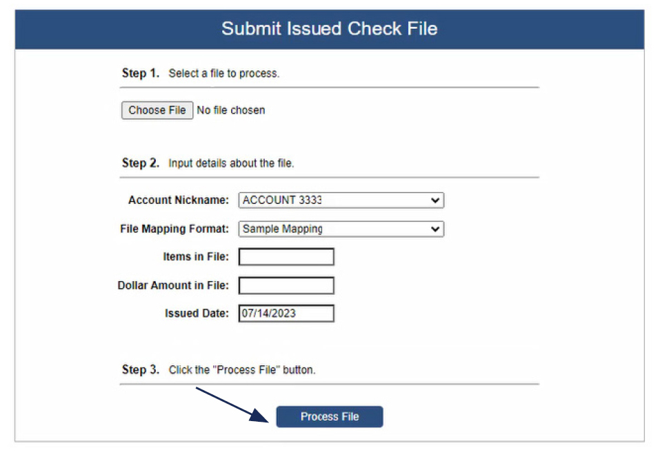 Image of Submit Issued Check File showing where to select Account ID from the dropdown menu, where to select the corresponding file processing type, and showing where to then select Process File.