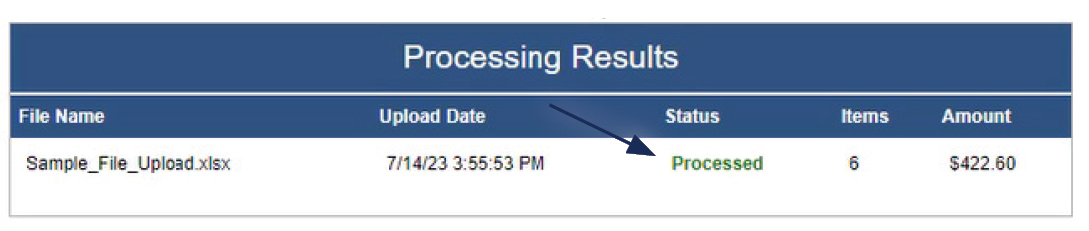 Image of Processing Results showing where to locate the result status.