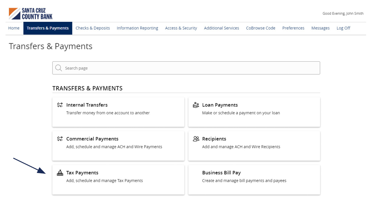 Image of Transfers and Payments showing where to locate Tax Payments.