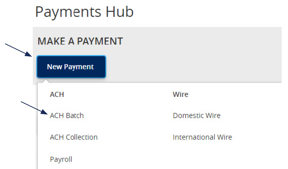 Image of the Payments Hub menu showing where to create a new payment using: ACH: ACH Batch, ACH Collection and Payroll, plus Wires: Domestic and International
