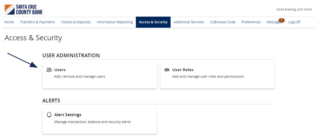Image of the â€™Access & Securityâ€™ menu showing where to locate Users.