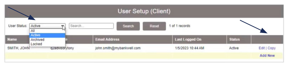 Image of User Setup (Client) showing where to search for an existing user through the User Status drop down menu and showing where to locate the Edit button to edit an existing user and showing where to locate the Copy button to copy an existing user.