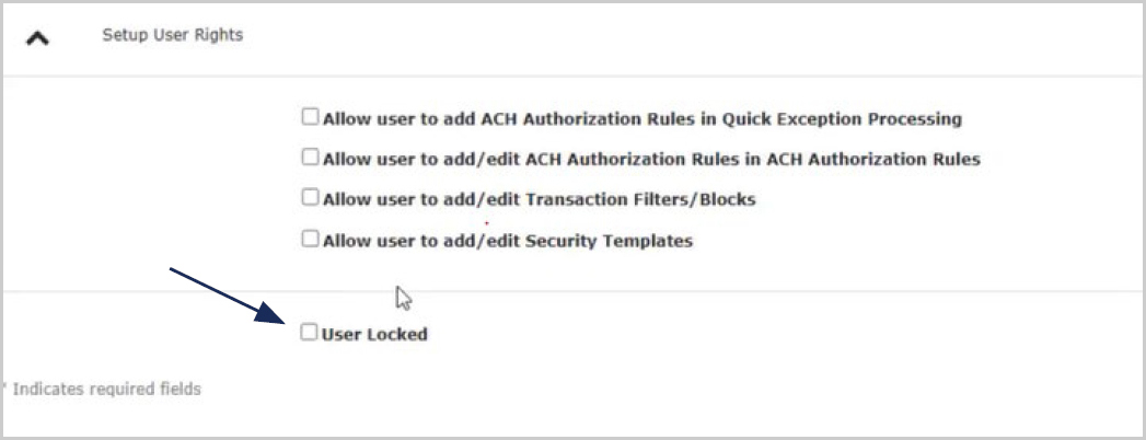 Image of User Setup (Client) Security Settings tab and Setup User Rights section, showing where to locate the User Locked option.