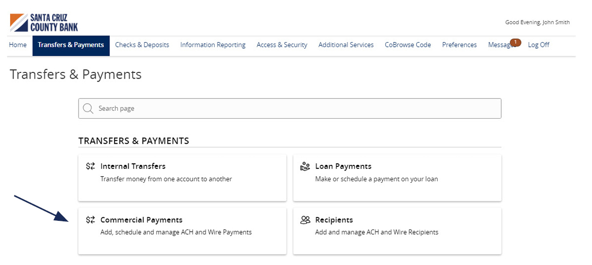 Image of Transfers and Payments menu showing where to locate Commercial Payments.